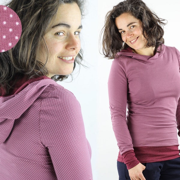 Summer sweater for women, dots on berries, body-hugging cut, with hood, women's hoodie made of light eco-jersey