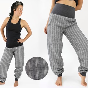 Summer trousers made of woven linen, gray stripes, with pockets, unisex