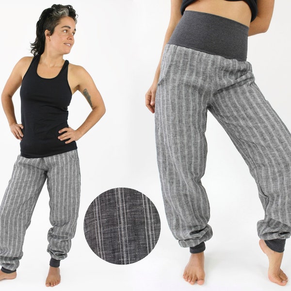 Summer trousers made of woven linen, grey striped, with pockets, unisex