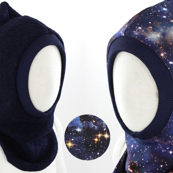 Reversible wool balaclava, pointed cap made of virgin wool and jersey, navy blue and Blue Galaxy