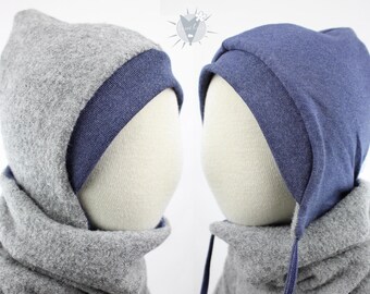 Children's reversible wool hat, light gray with dark blue, made of wool and eco-jersey, perfect for autumn and winter