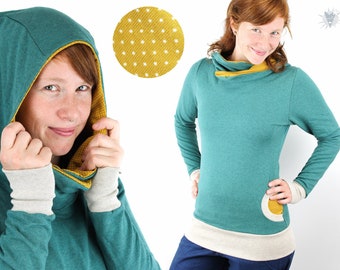 Frauen-Kapuzenpulli grün meliert mit Punkten auf gelb, vorteilhaft körperbetont, mit Taschen, aus Öko-Sweat, kuscheliger Damen-Hoodie