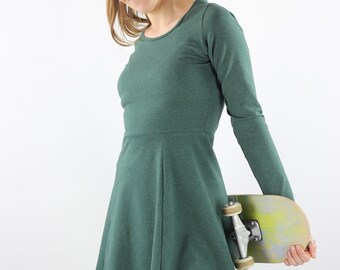 Skater Dress With Long Sleeves, Dark Green Mottled, Elegant Summer Dress Made of Eco-jersey - Etsy Skater Dress With Long Sleeves, Dark Green Mottled, Elegant Summer Dress Made of Eco-jersey - Etsy