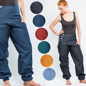 comfortable jeans unisex, flattering cut trousers, jeans trousers with maximum freedom of movement, with wooden button closure SEVERAL COLOURS