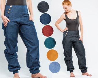 comfortable jeans unisex, advantageously cut trousers, jeans trousers with maximum freedom of movement, with wooden button closure SEVERAL COLORS