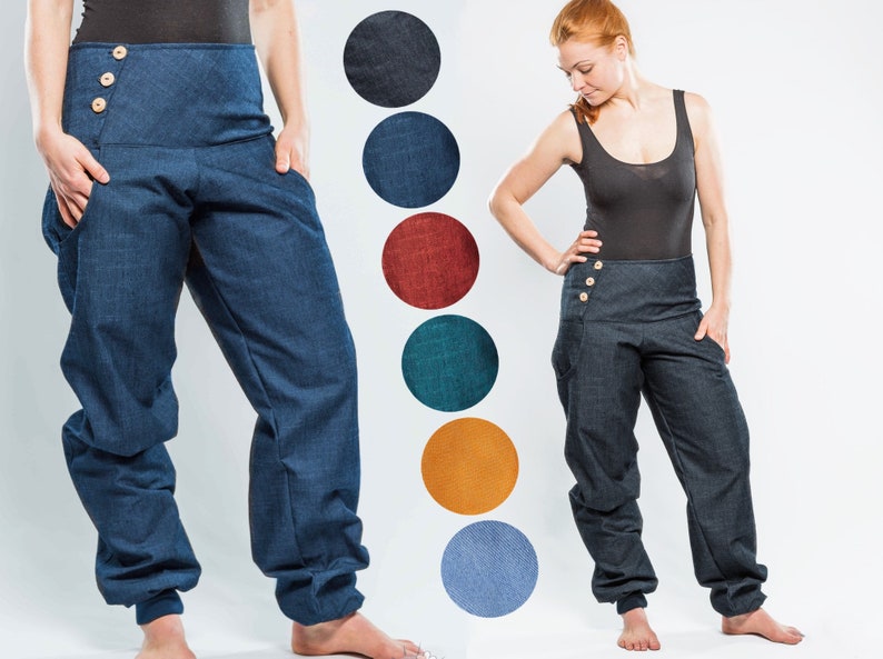 bequeme Jeans unisex, vorteilhaft geschnittene Hose, Jeanshose mit maximaler Bewegungsfreiheit, mit Holzknopfverschluss MEHRERE FARBEN Bild 1