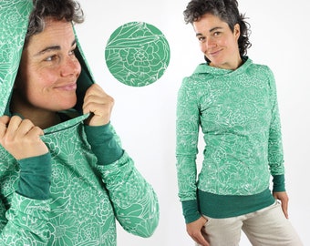 Maglione estivo da donna, motivo floreale verde e bianco, taglio aderente, con cappuccio, felpa con cappuccio da donna in eco-jersey leggero