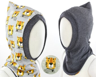 Reversible hat, pointed hat made of sweat and jersey with tigers and anthracite