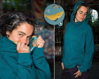 Oversize Hoodie unisex petrol mit Walen in der Kapuze