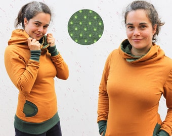 Damen-Kapuzenpulli ocker mit Punkten auf grün