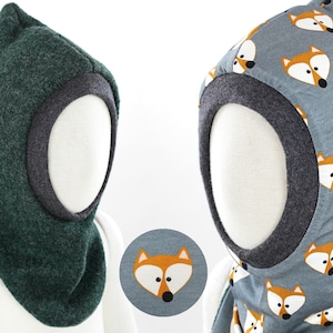 Reversible wool balaclava, pointed cap made of virgin wool and jersey, mottled dark green and foxes