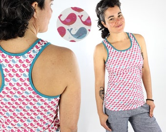 Racerback top with whales and birds