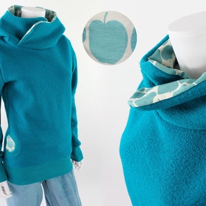 Wollpulli aus Wollwalk türkis mit Äpfeln, atmungsaktiv, wärmeregulierend, schmutzabweisend
