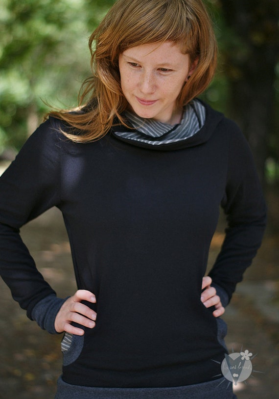Frauen-Kapuzenpulli, vorteilhaft körperbetont, mit Taschen, aus Öko-Sweat, kuscheliger Damen-Hoodie, S-XL, schwarz, grau gestreift