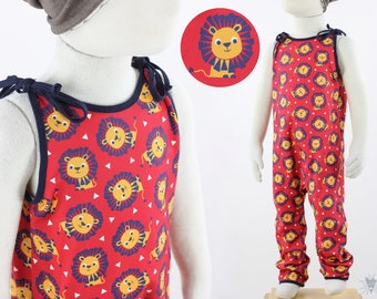 SALE 86/92 sleeveless jumpsuit to tie, lions on red, children's dungarees made of eco-jersey