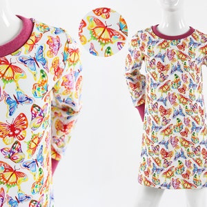 Long-sleeved shirt dress white with colorful butterflies