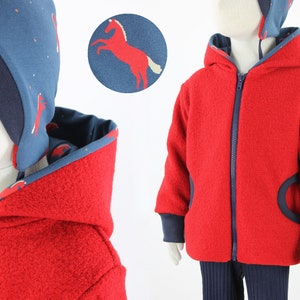 Wool walk jacket red with horses