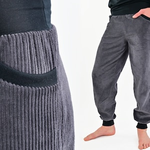 Corduroy trousers dark grey with black cuffs unisex