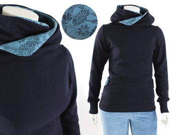 Damen-Kapuzenpulli marineblau mit Kornblumen