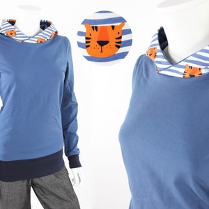 Sommerpulli taubenblau mit Tigern auf Streifen