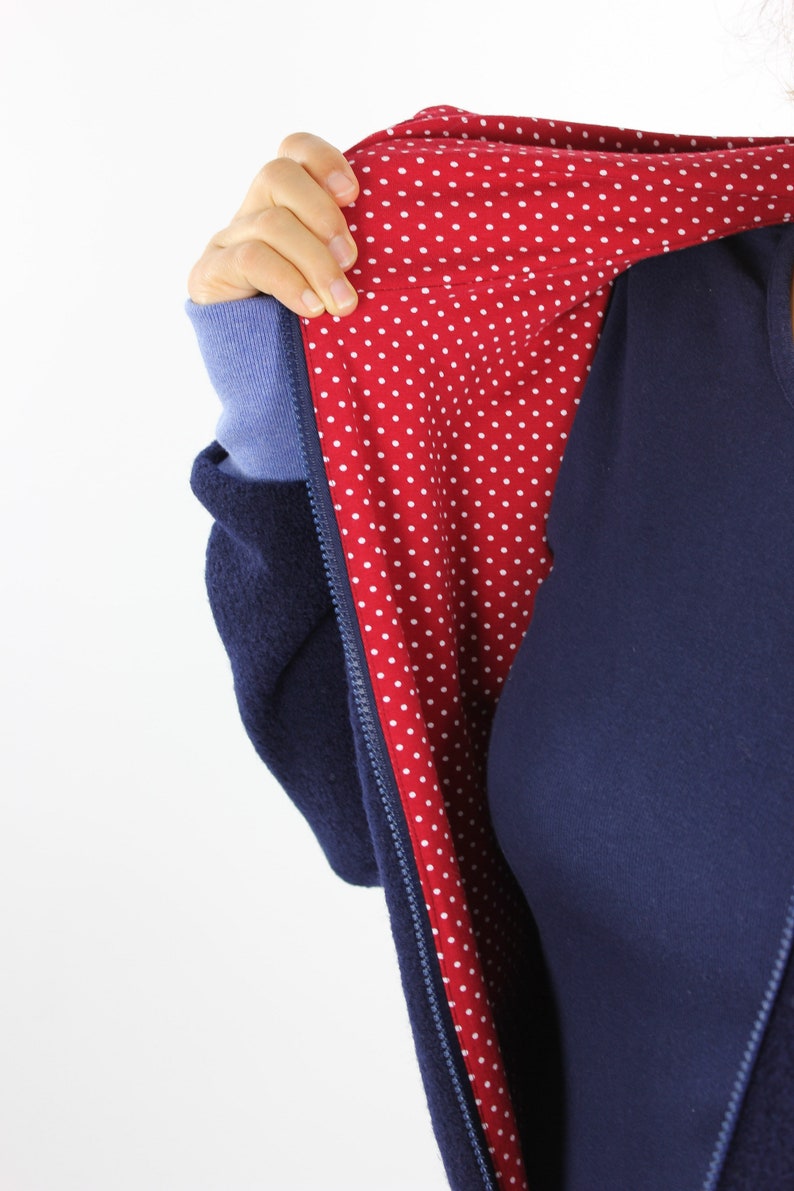 Women/'s wool walk jacket navy blue with dots on red