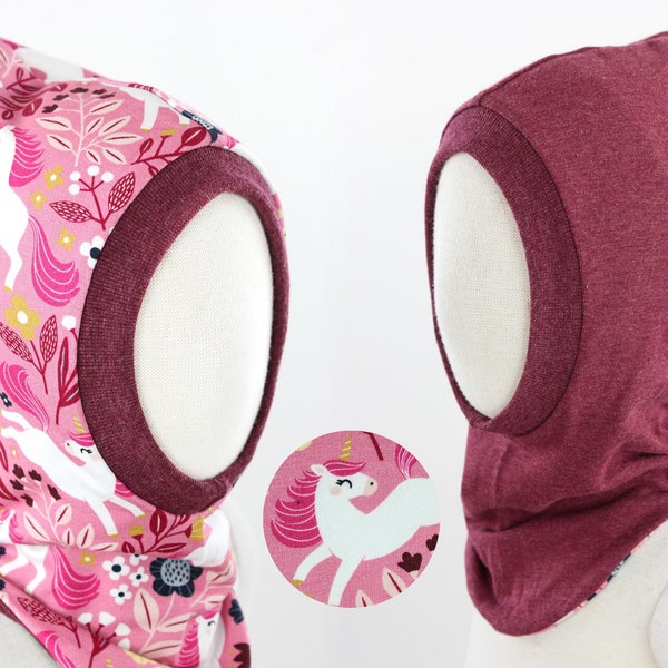 Reversible balaclava, pointed hat made of sweat and jersey pink with unicorns and berry mottled