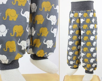 Jersey trousers for children, elephants on dark grey, eco-jersey, grows with you for a long time and becomes 3/4 trousers, bloomers, play trousers, baby trousers