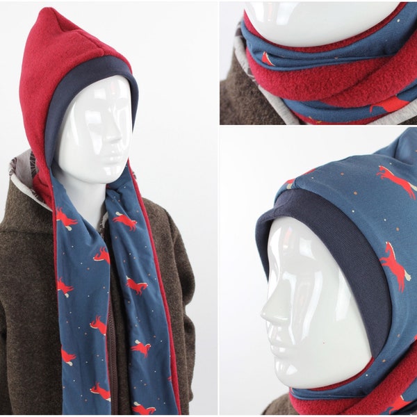 Bonnet écharpe polaire réversible chiné rouge avec chevaux sur bleu