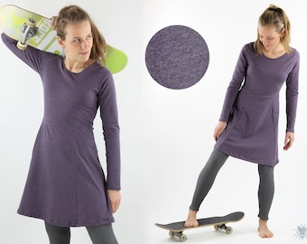 Skaterkleid mit langen Ärmeln, lila meliert, elegantes Sommerkleid aus Öko-Jersey