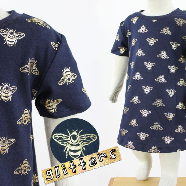 SALE 74/80 Kinder-Shirtkleid mit goldenen Bienen auf marine *GLITZEREFFEKT*