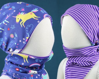 Reversible beanie scarf set for children, made from high-quality eco-jersey