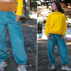 Corduroy trousers petrol with ochre cuffs unisex