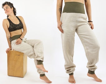 Linen summer trousers, sand coloured with olive green cuffs, with pockets, unisex