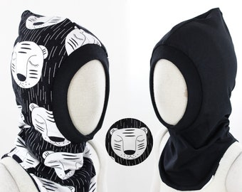 Reversible balaclava, pointed cap made of black sweat and jersey with sleeping tigers