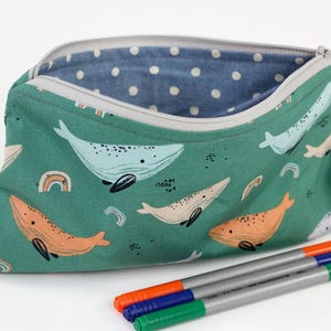 Pencil case with whale pattern green & blue with white dots inside – handmade pencil case
