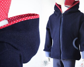 Navy wool jacket with dots on red