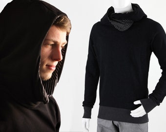 Kapuzenpulli für Männer schwarz, schwarz-graue Streifen, superbequemer Hoodie aus Öko-Sweat, S-XL