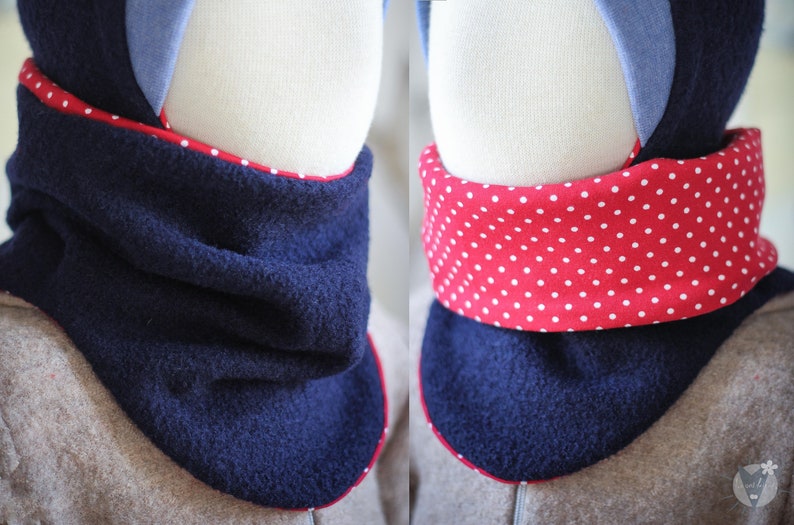 Wool hat and wool scarf set for children and babies, navy with dots on red, reversible, made of wool and eco-jersey image 2