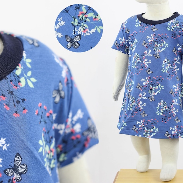 SALE 74/80 + 86/92: Kinder-Shirtkleid mit Schmetterlingen und Blumen auf blau