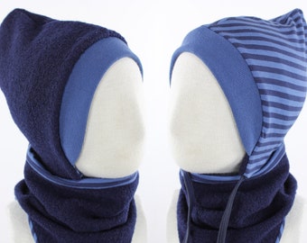 Children's reversible wool hat in navy blue with stripes