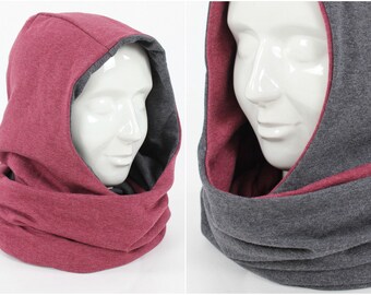 Reversible hood loop in berry mottled and gray mottled