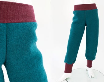 Pantalón de lana para niños petróleo, transpirable y termorregulador, crece con el niño durante mucho tiempo.