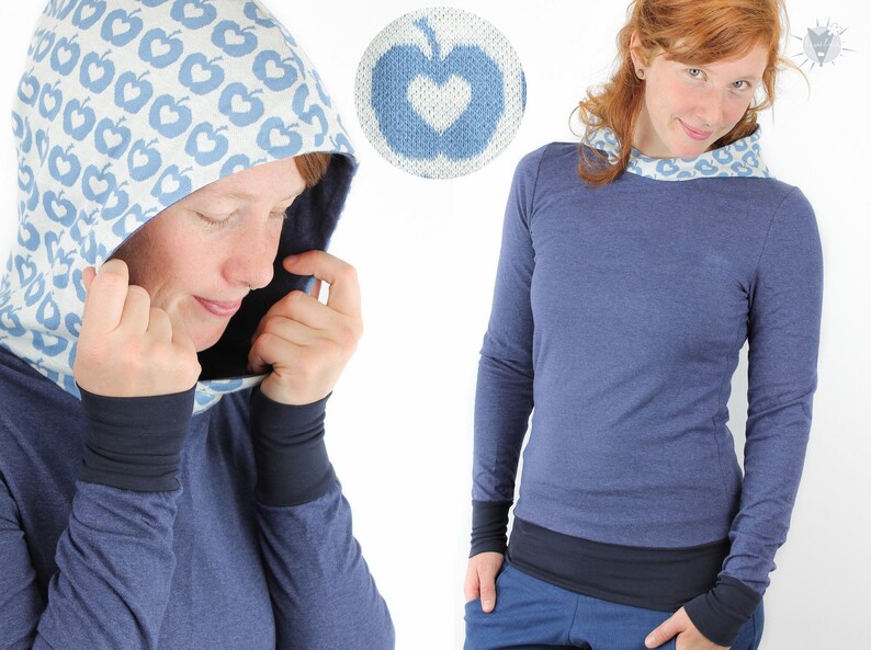 Summer sweater for women women/'s hoodie from light eco-jersey marine mottled with blue apples body accented cut with hood