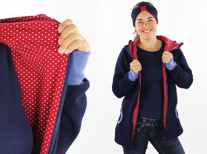 Women/'s wool walk jacket navy blue with dots on red