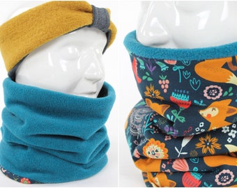 Reversible fleece loop scarf petrol and poppy foxes