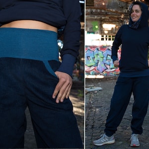 Corduroy trousers navy blue with blue mottled cuffs unisex