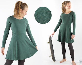 Skater dress with long sleeves, dark green mottled, elegant summer dress made of eco-jersey