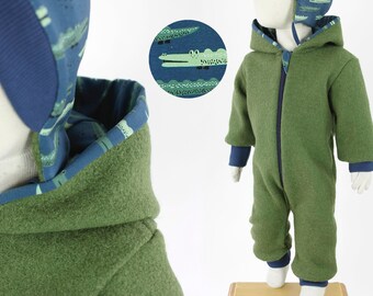 Children's wool suit green with crocodiles, lined overall made of new wool, breathable and heat-regulating