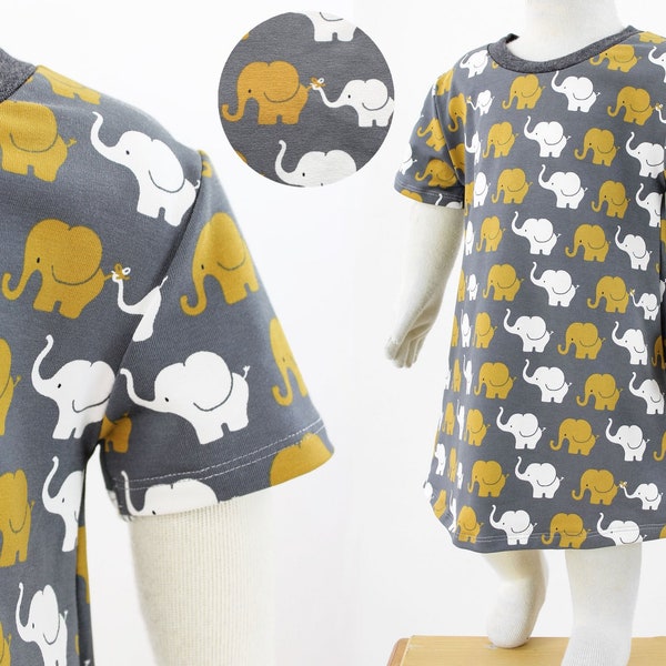 Kinder-Shirtkleid mit Elefanten auf dunkelgrau