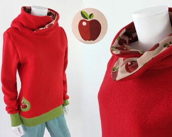 Wollpulli aus Wollwalk rot mit Äpfeln, atmungsaktiv, wärmeregulierend, schmutzabweisend